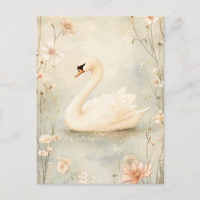 Whimsical Swan mit Blume Illustration Postkarte (Vorderseite)