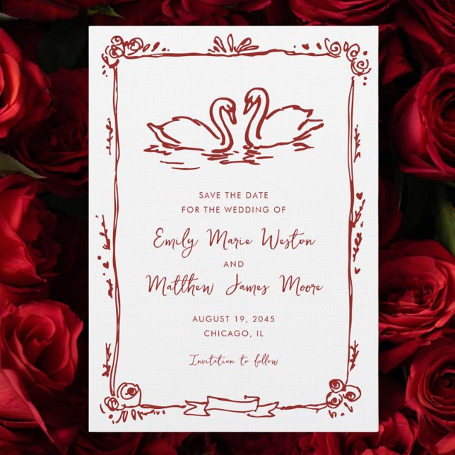 Whimsical Swans Doodle Love Birds Red Wedding Save The Date (Von Creator hochgeladen)