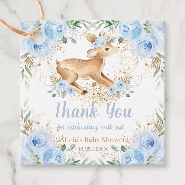 Whimsical Sweet Deer Blue Floral Baby Dusche Geschenkanhänger (Vorderseite)