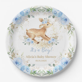 Whimsical Sweet Deer Blue Floral Baby Dusche Pappteller