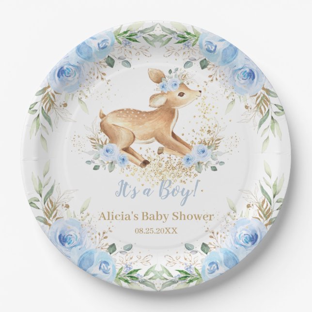 Whimsical Sweet Deer Blue Floral Baby Dusche Pappteller (Vorderseite)