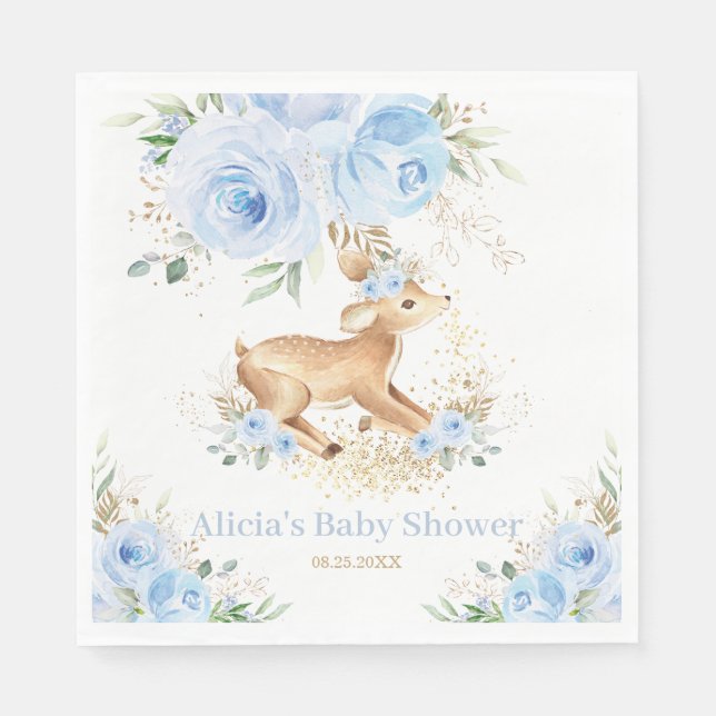 Whimsical Sweet Deer Blue Floral Baby Dusche Serviette (Vorderseite)