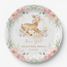 Whimsical Sweet Deer Blush Floral Baby Dusche Pappteller