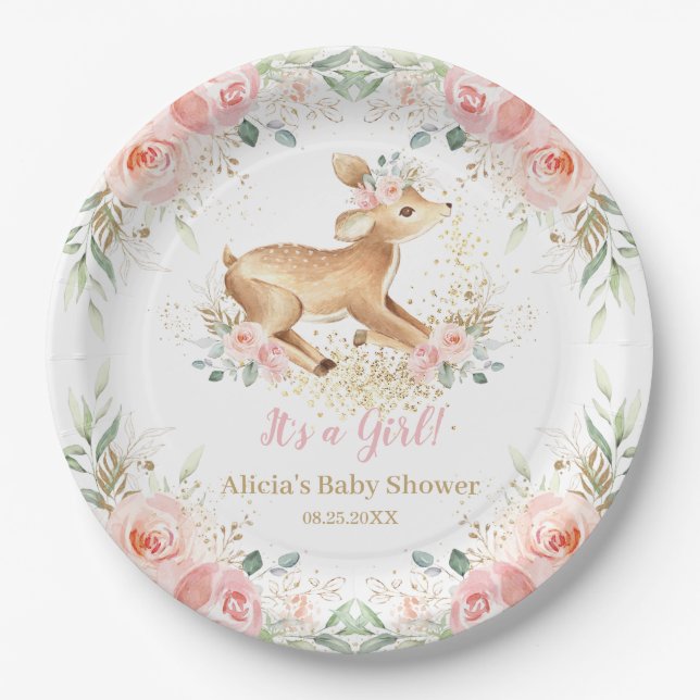 Whimsical Sweet Deer Blush Floral Baby Dusche Pappteller (Vorderseite)