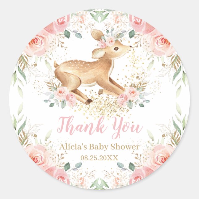 Whimsical Sweet Deer Blush Floral Baby Dusche Runder Aufkleber (Vorderseite)