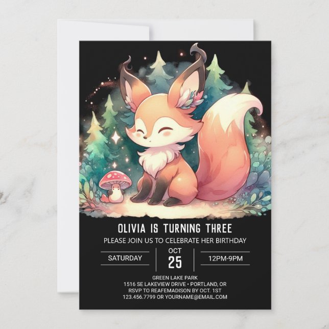 Whimsical Sweet Fox Geburtstag digital Einladung (Vorderseite)