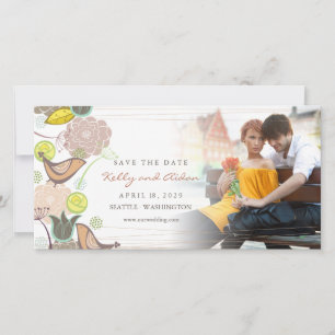 Whimsical Sweet Pink Bird Chic Floral Garden Foto Save The Date