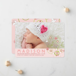 Whimsical Sweet Pink Blooms Baby Girl Foto Birth Ankündigung