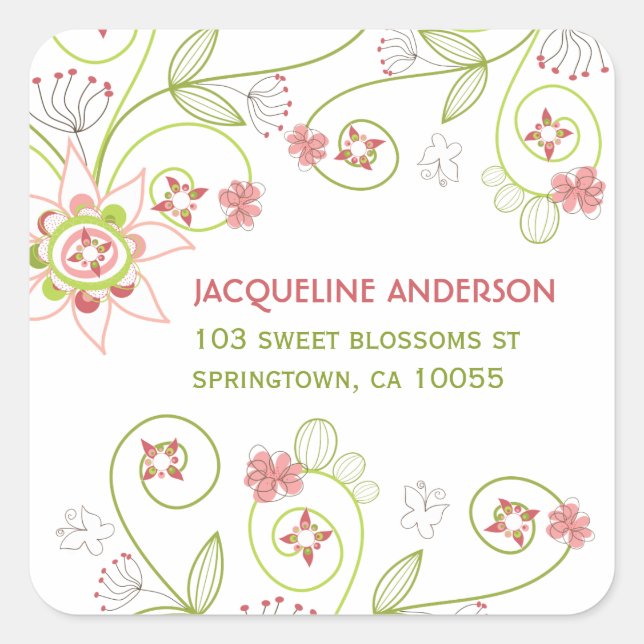 Whimsical Sweet Pink Floral Blooms Adresse Aufkleb Quadratischer Aufkleber (Vorderseite)