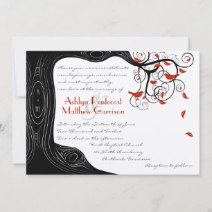 Whimsical Swirl Black & Red Birds in einem Baum Einladung