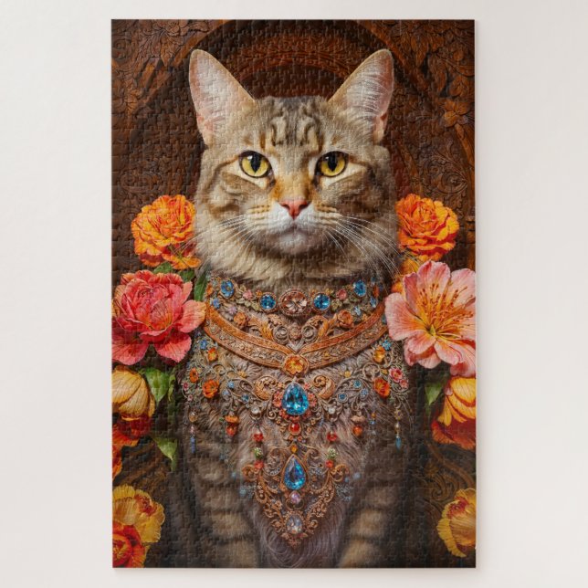 Whimsical Tabby mit schönen Schmuck und Blume Puzzle (Vertikal)
