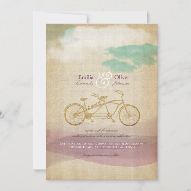 Whimsical Tandem Bicycle Watercolor Hochzeitsempfa Einladung (Vorderseite)