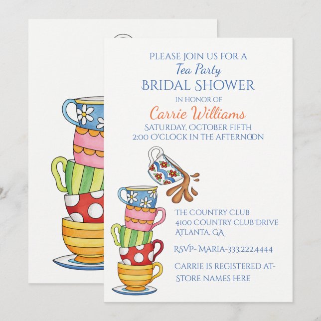 Whimsical Tea Cups Bridal Dusche Einladung (Vorne/Hinten)