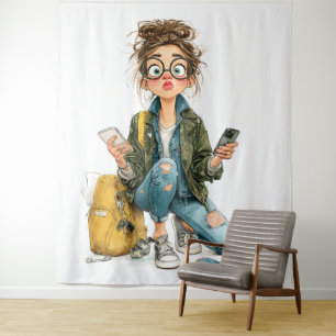 Whimsical Tech-Overload Girl Chaos Wandteppich