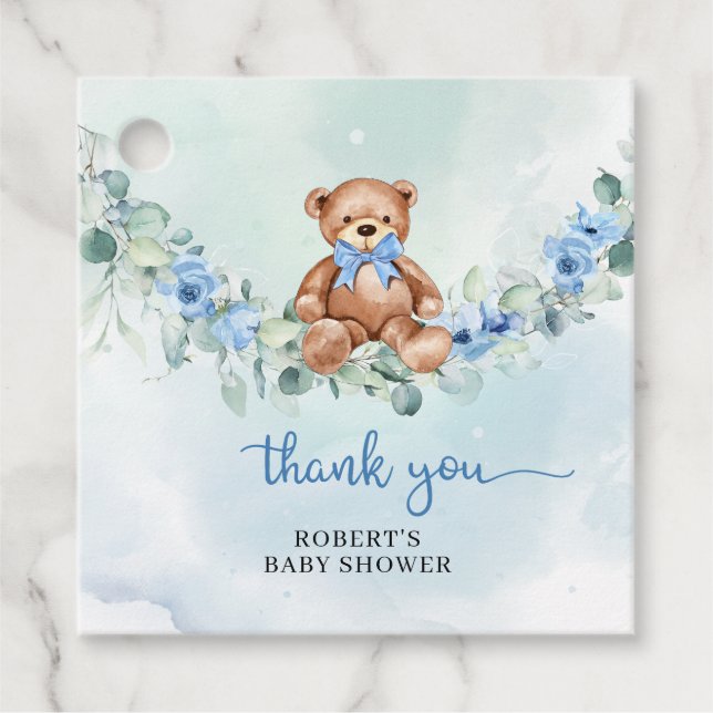 Whimsical Teddy Bär dusty blue floral eucalyptus Geschenkanhänger (Vorderseite)