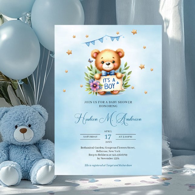 Whimsical Teddy Bär, es ist ein Baby-Dusche Einladung (teddy bear with ribbon it's a boy baby shower invitation)