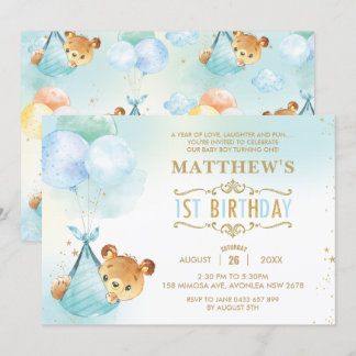 Whimsical Teddy Bear Balloons 1. Geburtstags-Party Einladung