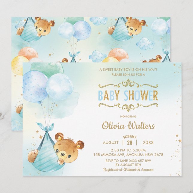 Whimsical Teddy Bear Balloons Baby Shower Boy Einladung (Vorne/Hinten)