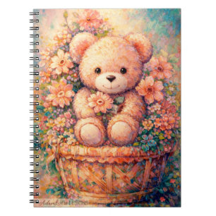 Whimsical Teddybär in floraler Korb Pastell-Kunst Notizblock