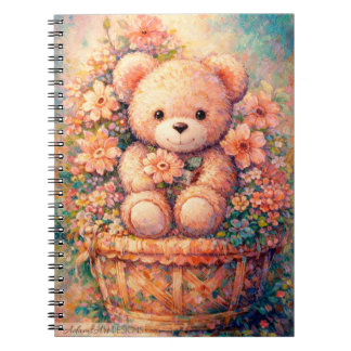 Whimsical Teddybär in floraler Korb Pastell-Kunst Notizblock