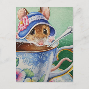 Whimsical Tee Time Maus Blue Bonnet Wasserfarbe Postkarte