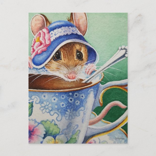 Whimsical Tee Time Maus Blue Bonnet Wasserfarbe Postkarte (Vorderseite)