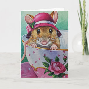 Whimsical Tee Time Maus rosa Bonnet Wasserfarbe Karte