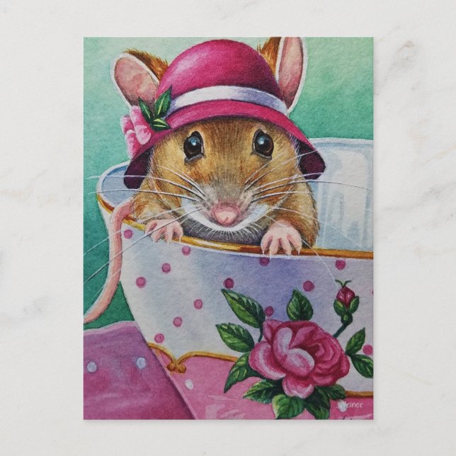 Whimsical Tee Time Maus rosa Bonnet Wasserfarbe Postkarte (Vorderseite)