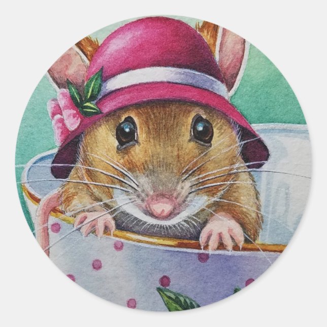 Whimsical Tee Time Maus rosa Bonnet Wasserfarbe Runder Aufkleber (Vorderseite)