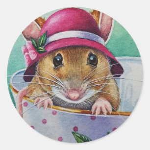 Whimsical Tee Time Maus rosa Bonnet Wasserfarbe Runder Aufkleber