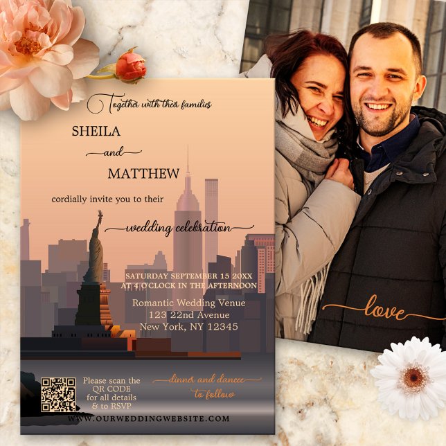 Whimsical Terra Cotta New York QR Foto Wedding Einladung (Von Creator hochgeladen)