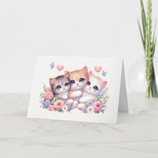 Whimsical Three-Kitten Pastel Floral Blank Karte