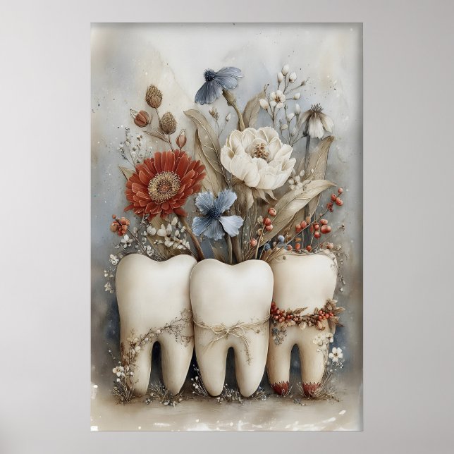 Whimsical Three Teeth Print, Floral Tooth Nursery Poster (Vorne)