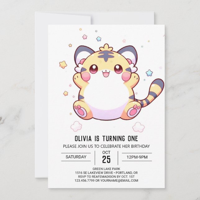 Whimsical Tiger 1. Geburtstag Einladung (Vorderseite)