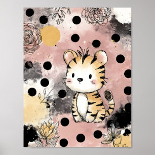 Whimsical Tiger Floral Wasserfarben-Kunst Poster