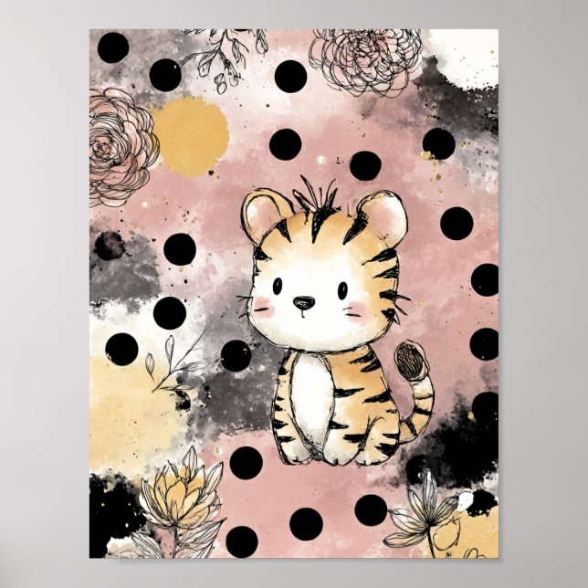 Whimsical Tiger Floral Wasserfarben-Kunst Poster (Vorne)