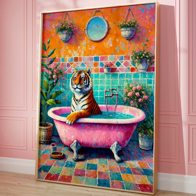 Whimsical Tiger in Pink Bathtub Boho Badezimmer Ku Poster (Von Creator hochgeladen)