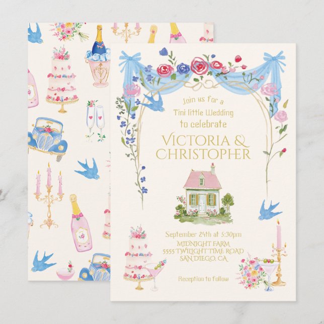 Whimsical Tini kleines Hochzeitshäuschen Einladung (Vorne/Hinten)