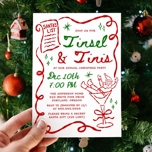 Whimsical Tinsel and Tinis Christmas Party Einladung (Von Creator hochgeladen)