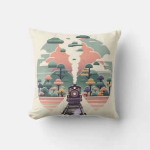 Whimsical Train Journey: Landschaft im Retro-Stil Kissen
