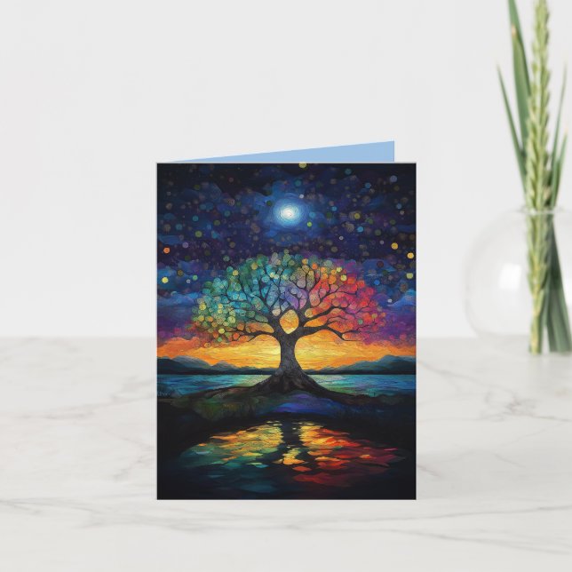 Whimsical Tree of Life Abstrakt Blue Rainbow Dankeskarte (Vorderseite)