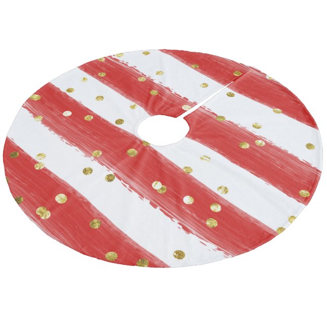 Whimsical Tree Skirt - Red Stripes & Gold Accents! Fleece Weihnachtsbaumdecke (Schrägansicht)