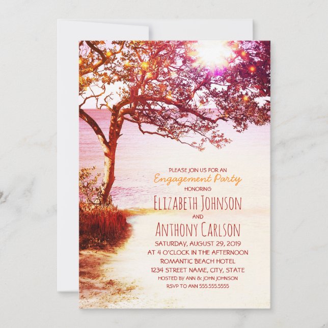 Whimsical Tree Sunset Beach Engagement Party Einladung (Vorderseite)