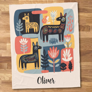 Whimsical Tribal Animals Floral Folk Art Fleecedecke