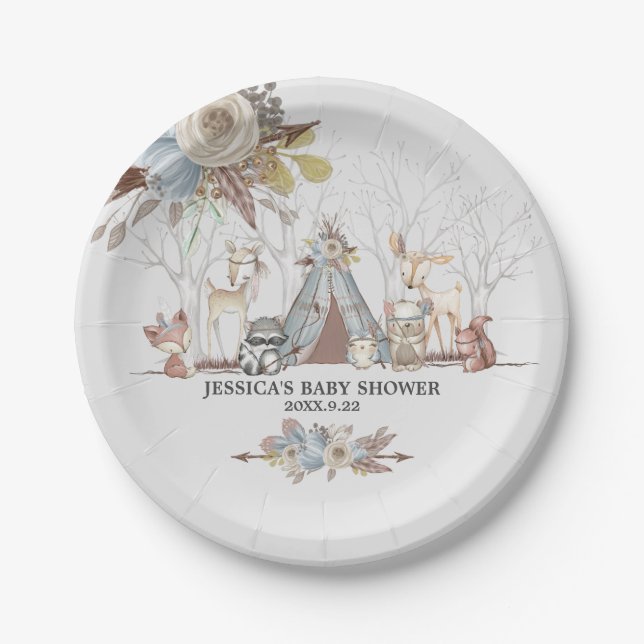 Whimsical Tribal Woodland Animals Baby Boy Dusche Pappteller (Vorderseite)