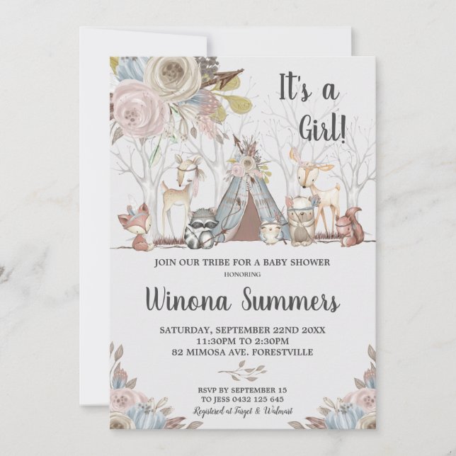 Whimsical Tribal Woodland Animals Baby Shower Girl Einladung (Vorderseite)