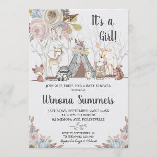 Whimsical Tribal Woodland Animals Baby Shower Girl Einladung