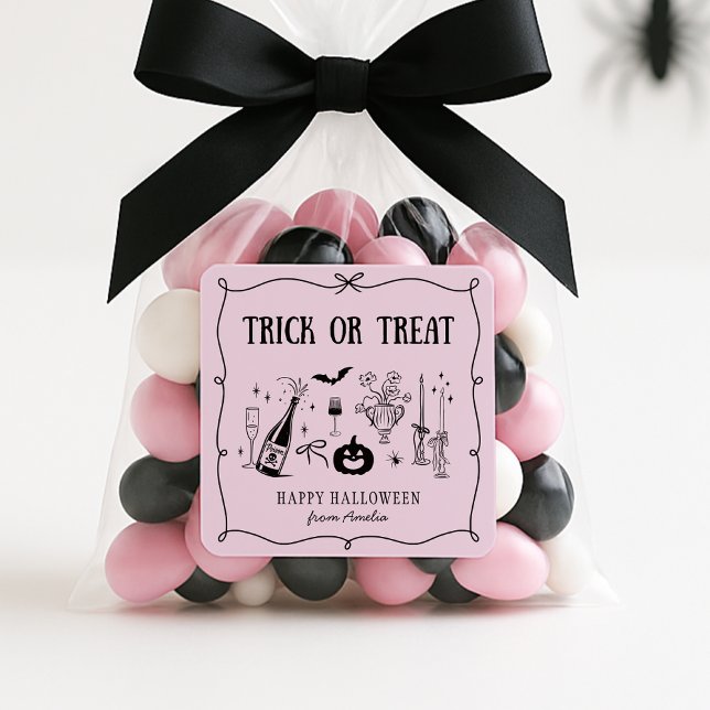 Whimsical Trick or treat , rosa Halloween Aufklebe Quadratischer Aufkleber (Von Creator hochgeladen)