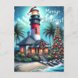 Whimsical Tropical Christmas Lighthouse Aquamarin Feiertagspostkarte