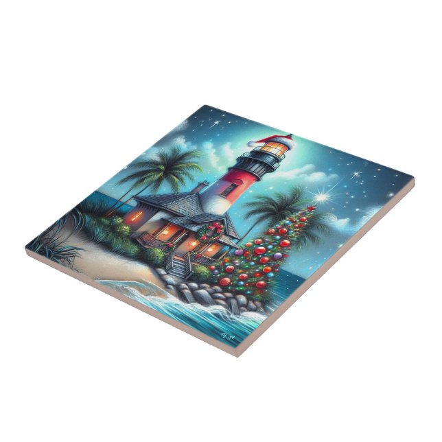 Whimsical Tropical Christmas Lighthouse Aquamarin  Fliese (Seite)